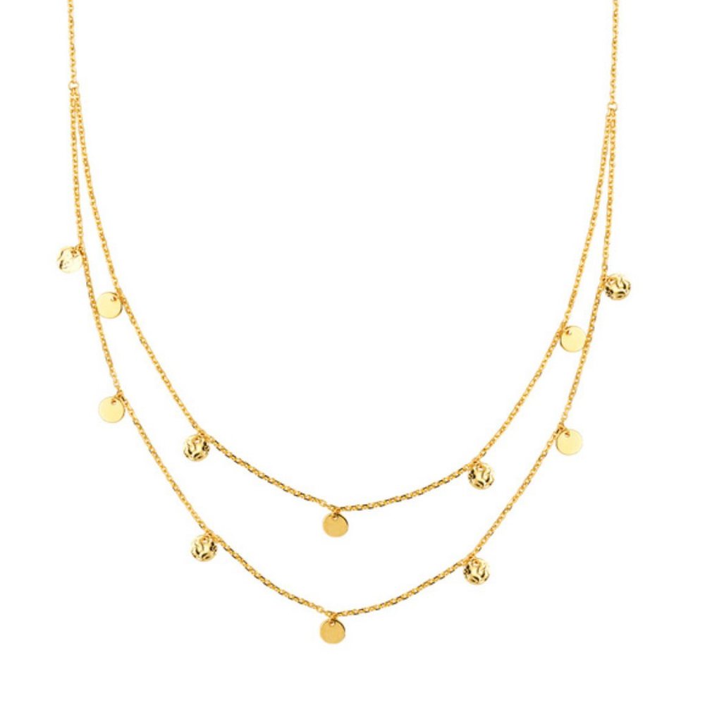 14K Solid Fine Real Gold Disk Double Strand BIB Necklace
